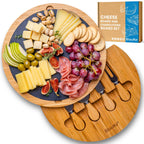 Round Bamboo Cheese Board With Knife Set and Removable Slate
