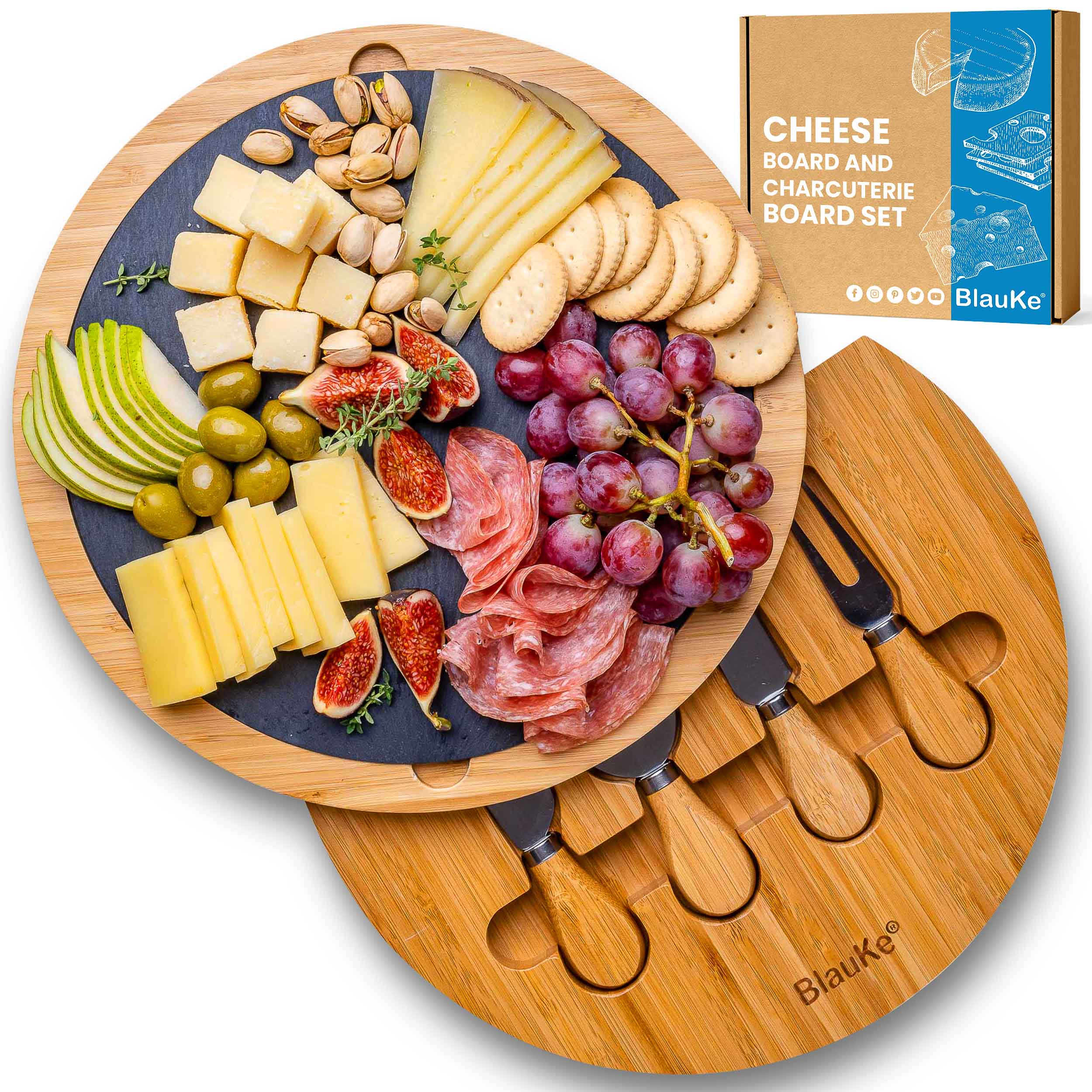 Round Bamboo Cheese Board With Knife Set and Removable Slate