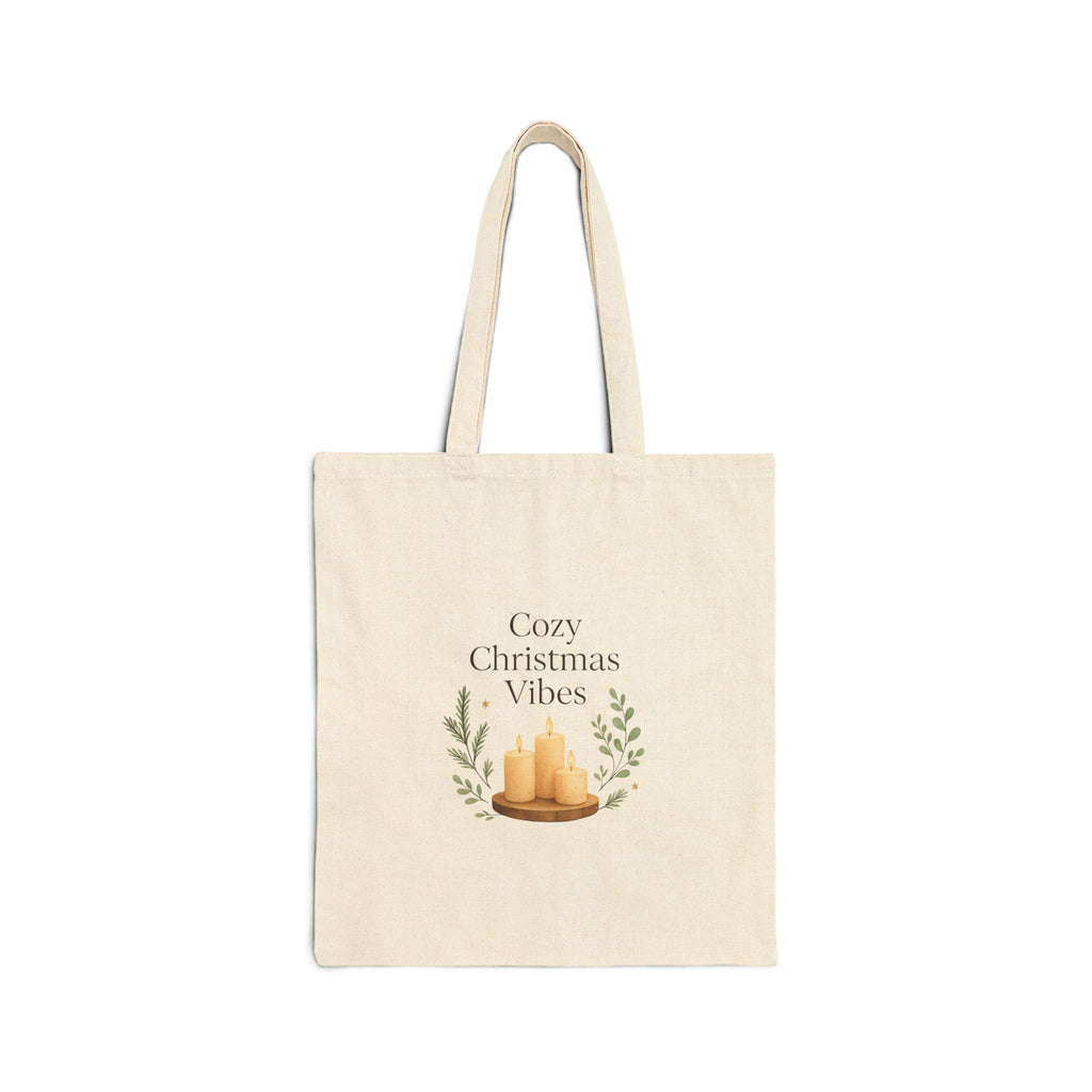 Cozy Christmas Vibes Canvas Tote Bag – Holiday Candle & Greenery Market Bag