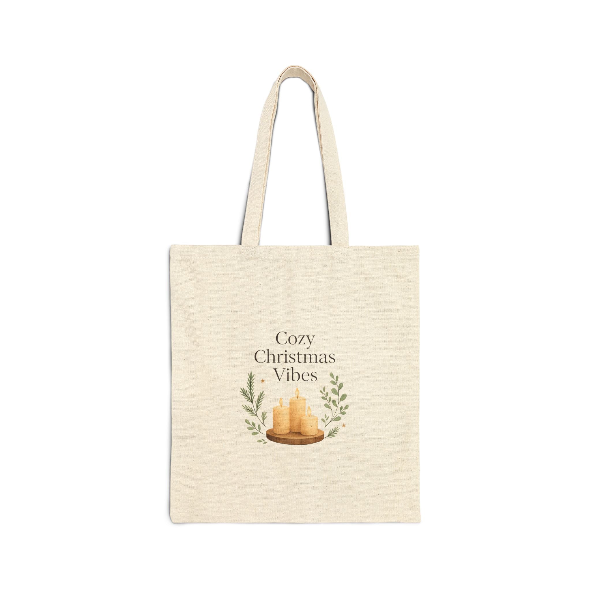 Cozy Christmas Vibes Canvas Tote Bag – Holiday Candle & Greenery Market Bag