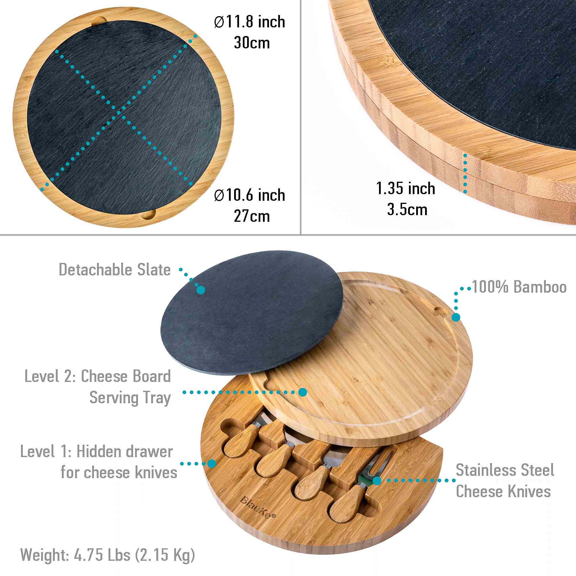 Round Bamboo Cheese Board With Knife Set and Removable Slate