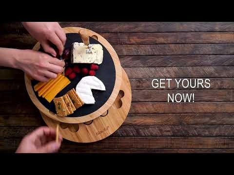 Round Bamboo Cheese Board With Knife Set and Removable Slate